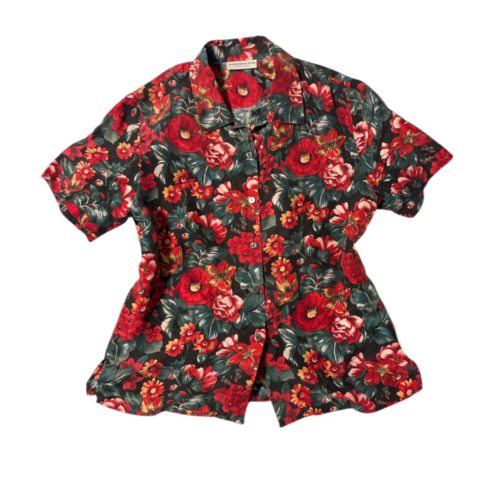 Vintage Valerie Stevens Petites Floral Silk Blouse Size 12 Red Black